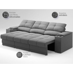 Sofá com Porta Copos e Carregador USB Retrátil e Reclinável Ringo 2,30m Velosuede Grafite - - 4 Sofá com Porta Copos e Carregador USB Retrátil e Reclinável Ringo 2,30m Velosuede Grafite - - 4