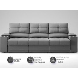 Sofá com Porta Copos e Carregador USB Retrátil e Reclinável Ringo 2,30m Velosuede Grafite - - 3 Sofá com Porta Copos e Carregador USB Retrátil e Reclinável Ringo 2,30m Velosuede Grafite - - 3