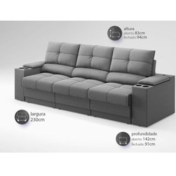 Sofá com Porta Copos e Carregador USB Retrátil e Reclinável Ringo 2,30m Velosuede Grafite - - 2 Sofá com Porta Copos e Carregador USB Retrátil e Reclinável Ringo 2,30m Velosuede Grafite - - 2