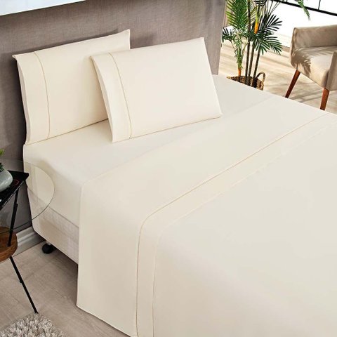 Jogo de Cama Lençol Milano Casal Padrão Percal 180 Fios Ponto Palito Liso 04 Peças - Palha
