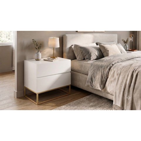 Mesa de Cabeceira Eros Branco 60cm com 2 Gavetas Pés de Metal Dourado Estilo Industrial