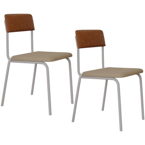 Kit 02 Cadeiras Estofada para Sala de Jantar Sense Branco C01 Linho Areia Courino Caramelo - Lyam de