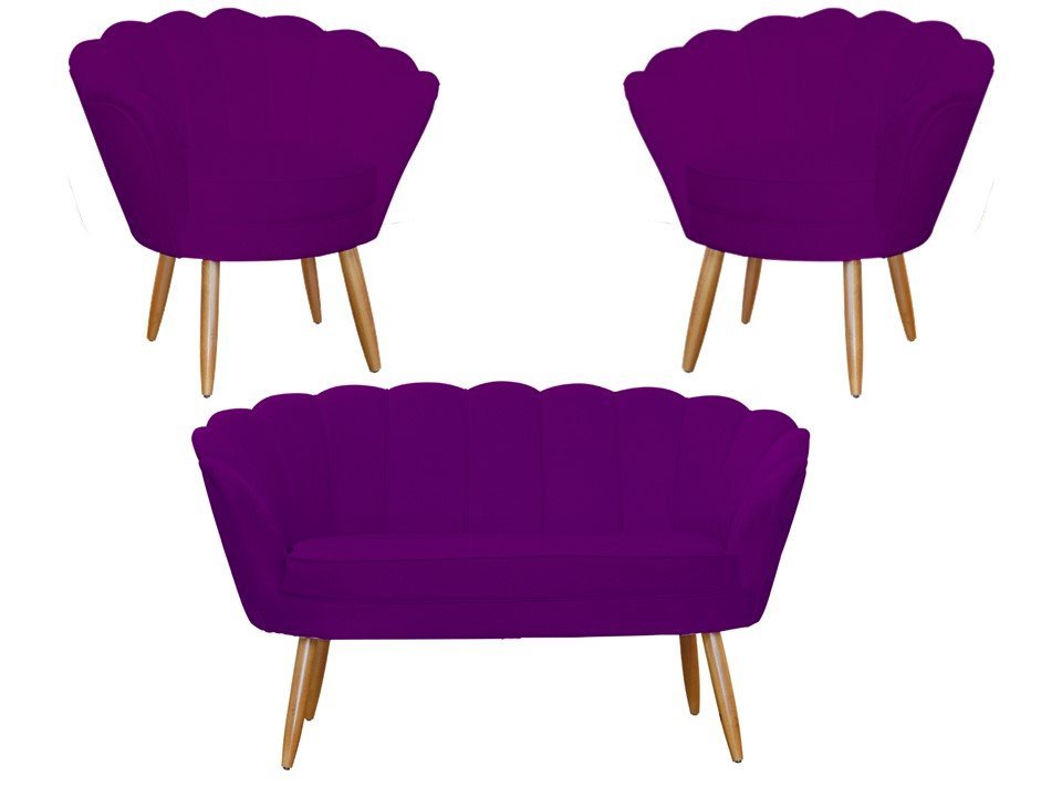 Kit Namoradeira + 2 Poltronas Decorativa Pétala Suede Roxo Pés Madeira Ms Decor - 1