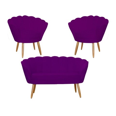 Kit Namoradeira + 2 Poltronas Decorativa Pétala Suede Roxo Pés Madeira Ms Decor