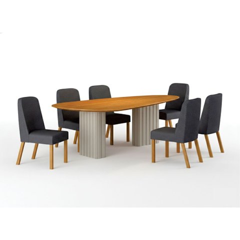 Conjunto Sala de Jantar Ísis 2,00m com 6 Cadeiras Tampo Orgânico s/ Vidro Cinamomo Off White/Linho C