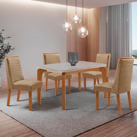 Mesa de Jantar Liz 120 cm Tampo MDF Vidro Canto Copo com 4 Cadeiras Carolina