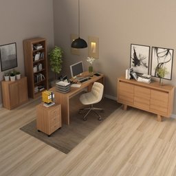 Kit 5 Peças com Escrivaninha, Gaveteiro, Armário Multiuso Baixo, Estante e Balcão - 1