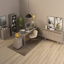 Kit 5 Peças com Escrivaninha, Gaveteiro, Armário Multiuso Baixo, Estante e Balcão - 1