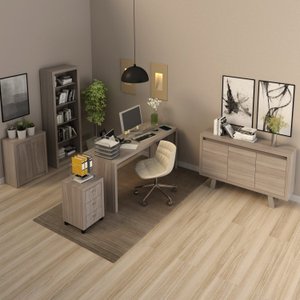Kit 5 Peças com Escrivaninha, Gaveteiro, Armário Multiuso Baixo, Estante e Balcão