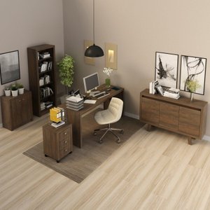 Kit 5 Peças com Escrivaninha, Gaveteiro, Armário Multiuso Baixo, Estante e Balcão