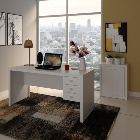 Conjunto 2 Peças com Escrivaninha 3 Gavetas e Armário Baixo 2 Portas Branco