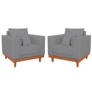 Kit 2 Poltronas Reforçada Linho Pés Base Madeira + Almofadas Cor:grafite