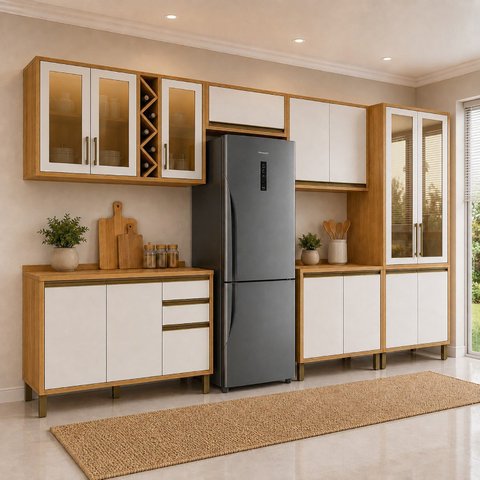 Cozinha Completa Modulada 6 Peças com Tampo 100% MDF Barbados Bege/Amêndoa/Off-White Espresso Móveis