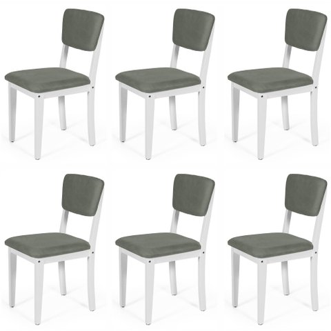 Conjunto 6 Cadeiras de Jantar Estofada em Madeira Maciça Ella Branco/Cinza