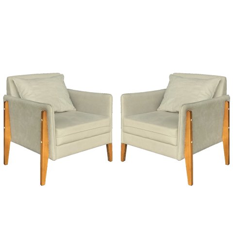 Kit 2 Poltronas Decorativa Sophia Suede Bege Pés Madeira Mz Decor