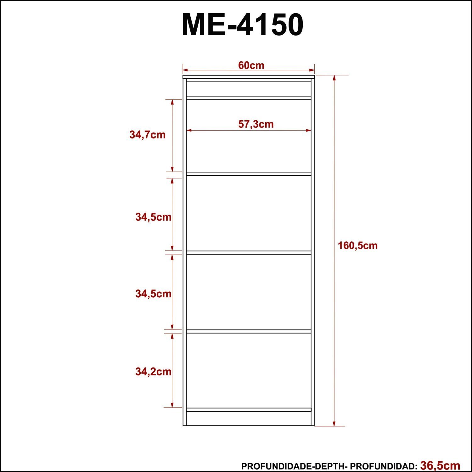 Estante para Livros 60cmx160,5cm 3 Prateleiras ME4150 - 6