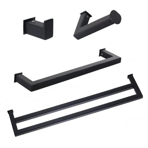Kit de Acessórios para Banheiro com 4 Peças em Aço Inox Black Matte Preto Fosco com Toalheiro Duplo
