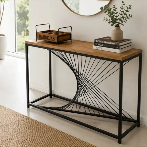 Aparador Console Geométrico em Ferro e Madeira Maciça Design Industrial