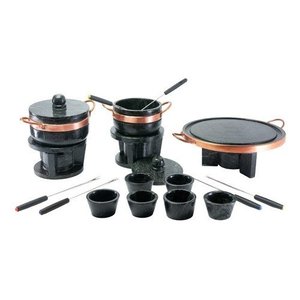 KIT FONDUE DE PEDRA SABAO CHAPA 32 CM + PANELAS DE 500 E 800 ML + 6 CUMBUCAS + 6 GARFINHOS Leônidas 