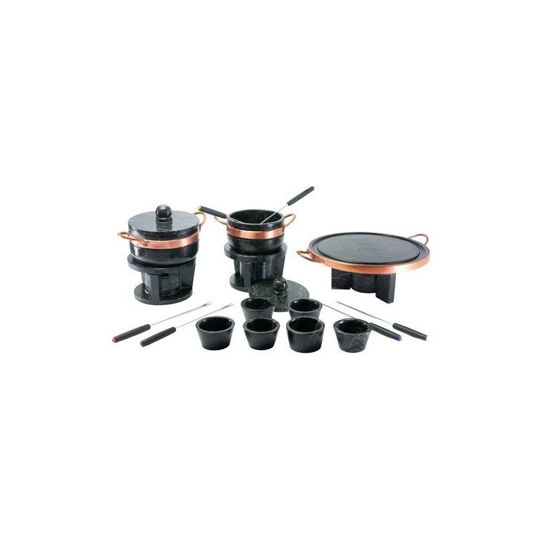 KIT FONDUE DE PEDRA SABAO CHAPA 32 CM + PANELAS DE 500 E 800 ML + 6 CUMBUCAS + 6 GARFINHOS Leônidas 