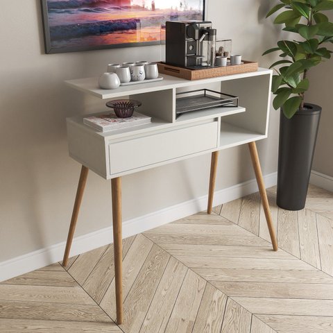 Aparador Buffet com Porta e Nichos para Sala Pés Palito Retro Branco