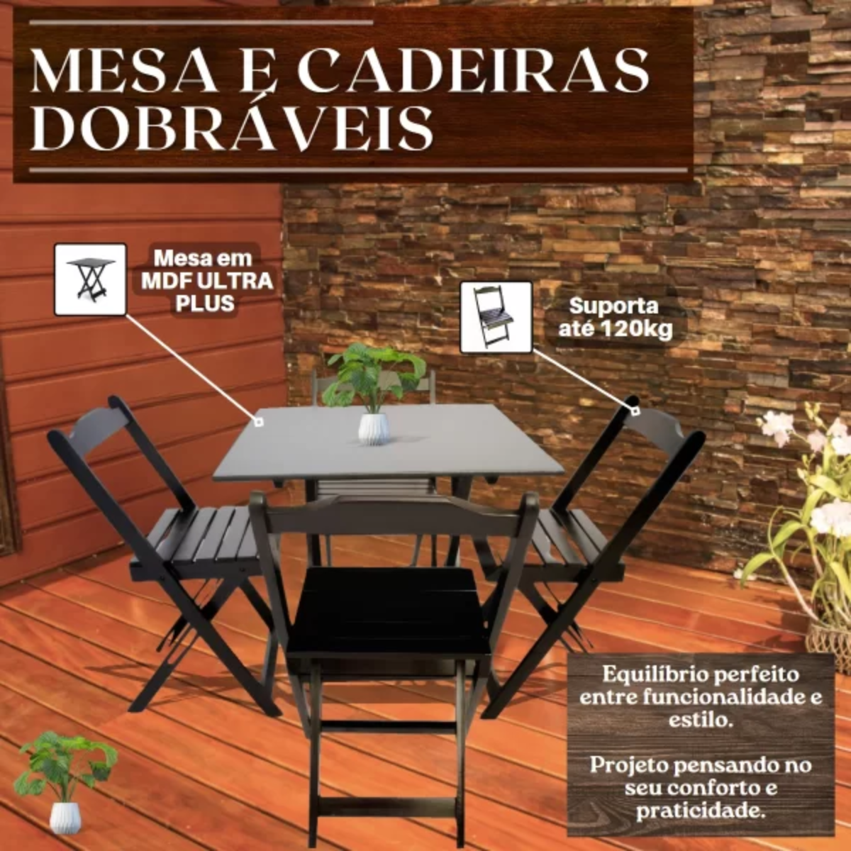 Jogo De Mesa Dobrável 70x70 4 Cadeiras Bar Restaurante Preto - 6