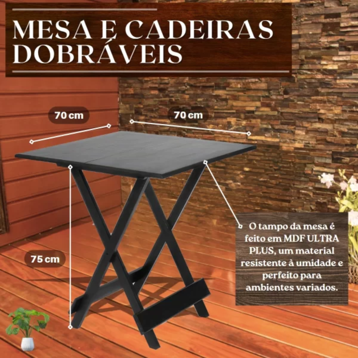 Jogo De Mesa Dobrável 70x70 4 Cadeiras Bar Restaurante Preto - 3