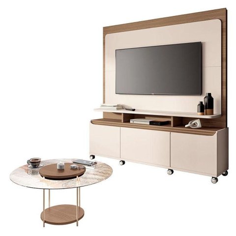 Estante Home Theater Quantum Off White Castanho e Mesa de Centro Sky com Tampo de Vidro Castanho- Hb