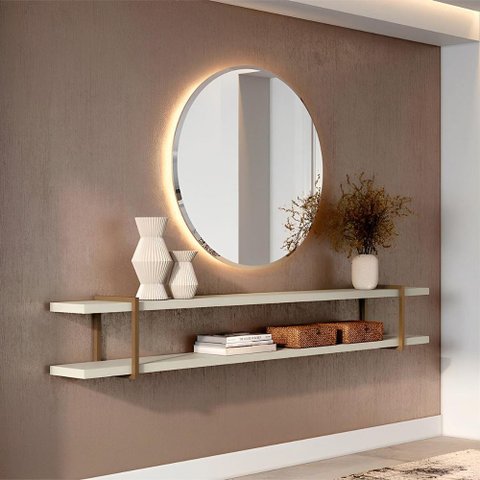 Prateleira Multiuso 260cm com Suporte em Metal 100% Mdf Cor:luna com Dourado