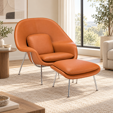 Poltrona Womb Chair com Puff em Couro Ecológico - Laranja