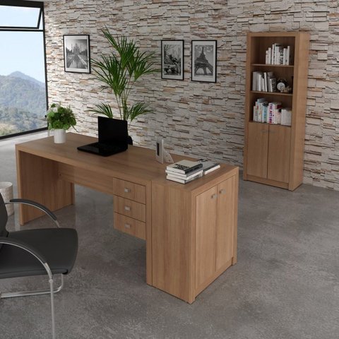 Conjunto 3 Peças com Escrivaninha 3 Gavetas, Estante e Armário Multiuso Baixo 2 Portas Marrom