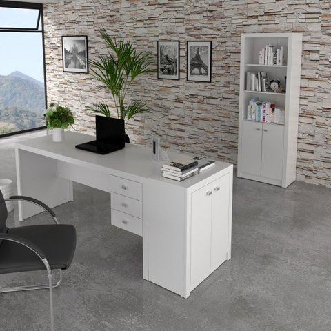 Conjunto 3 Peças com Escrivaninha 3 Gavetas, Estante e Armário Multiuso Baixo 2 Portas Branco