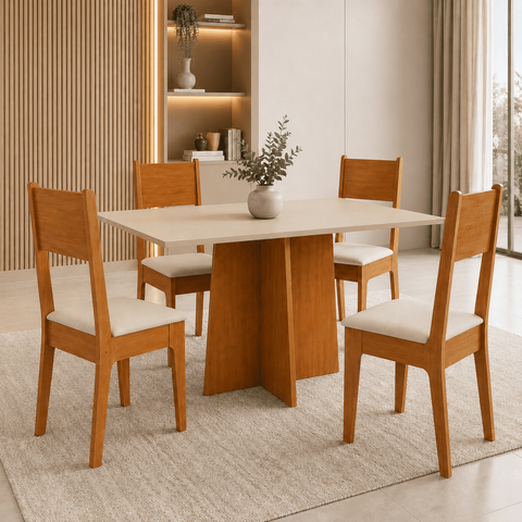 Conjunto Sala de Jantar Mesa Elo 100% MDF com 4 Cadeiras Estofadas - Naturale/Offwhite