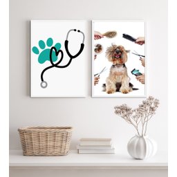 Kit 2 Quadros para Clinica Veterinária e Pet Shop 45x34cm - com Vidro:madeira Branca - 2