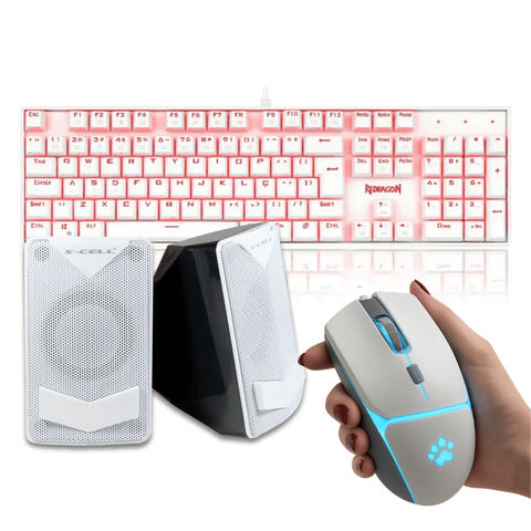 Kit Gamer White Teclado Mecânico Mouse 12800dpi Caixa de Som
