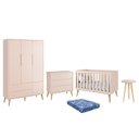 Ver imagem 1 de Dormitório Infantil Theo Retrô 3 Portas, Cômoda, Berço, Mesa de Apoio Rosa Fosco com Pés Madeira Nat