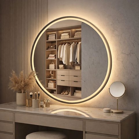 Espelho LED Redondo Touch 3 Cores de Luz com Desembaçador Display Digital 80x80 cm Bivolts 110/220V