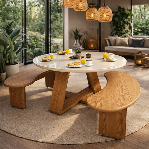 Mesa de Jantar Redonda em Mdf e Vidro Temperado com 2 Bancos Curvos:off White