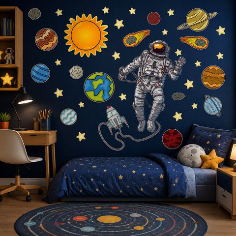Adesivo de Parede Decorativo Astronauta Estrelas Planetas P