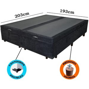 Cama Box Baú King Size Bipartido Suede Preto com Pistão a Gás