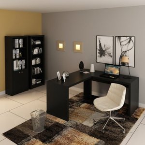Kit 3 Peças com Mesa para Escritório em L, Estante Livreiro Aberta e Estante com 2 Portas