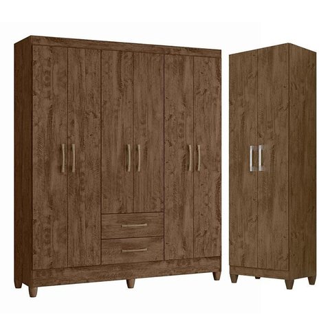Guarda Roupa Casal Panamá e Armário Multiuso New Íris Castanho Wood - Moval
