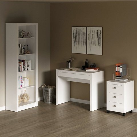Conjunto 3 Peças com Escrivaninha 1 Gaveta, Estante Livreiro e Gaveteiro 3 Gavetas Branco