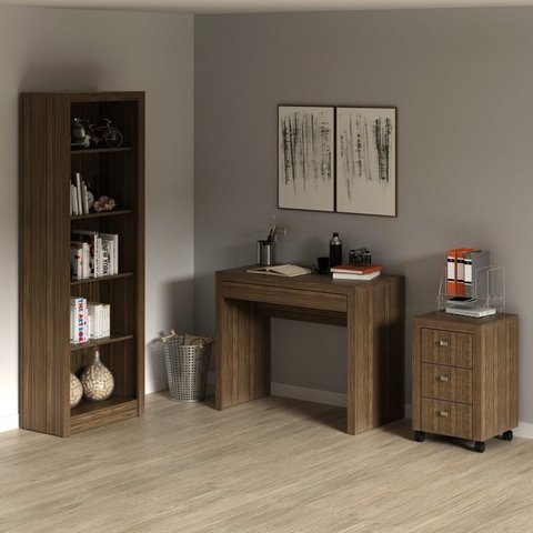 Conjunto 3 Peças com Escrivaninha 1 Gaveta, Estante Livreiro e Gaveteiro 3 Gavetas Marrom