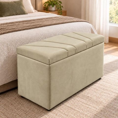 Calcadeira Recamier Baú Estofada 100cm para Cama Solteiro Suede Bege