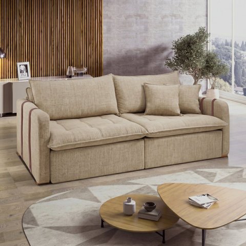 Sofá Cama Retrátil e Reclinável 3 Lugares Linho Bege Michigan 220cm Yescasa