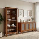 Ver imagem 1 de Conjunto Buffet Aparador Deltan 4 Portas Tela Rattan com Livreiro Luiz Xv sem Portas - Castanho