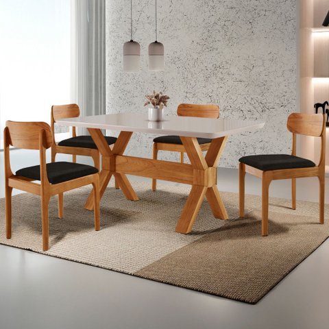 Sala de Jantar Mesa Star 120cm Tampo Laqueado com Vidro Canto Moeda e 4 Cadeiras Star
