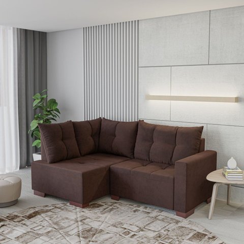 Sofá de Canto 4 Lugares com Chaise 181cm Industrial Suede Leme Marrom