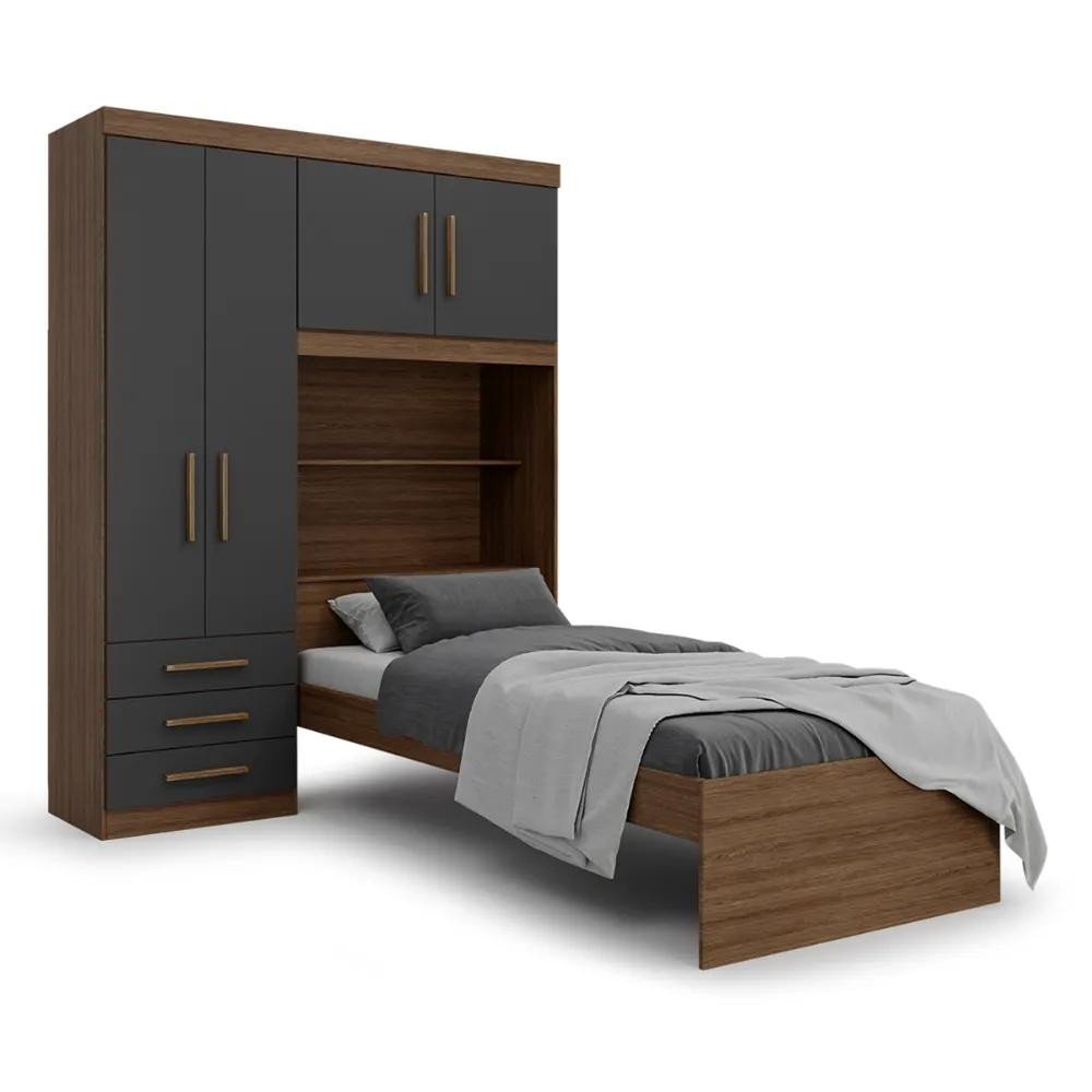 Guarda Roupa Solteiro Turim com Cama e Cabeceira Bau Ipe Wood Grafite Batrol